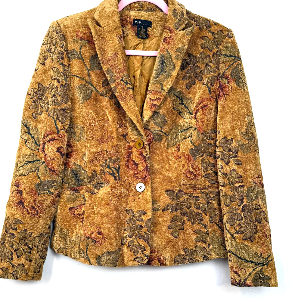 Grace Elements Floral Tapestry Blazer Jacket Size 10 Boho Cottagecore Vintage